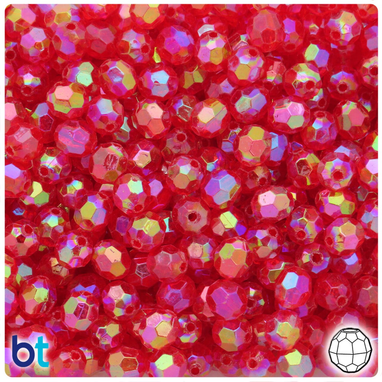 BeadTin Red Transparent AB 8mm Faceted Round Plastic Craft Beads (200pcs)